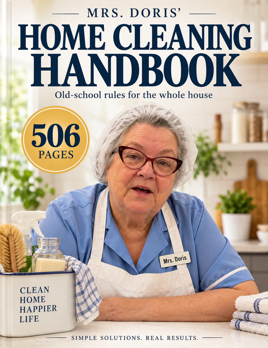 Cover of Mrs. Doris' Old-School Housekeeping Manual, a 506-page illustrated home cleaning handbook