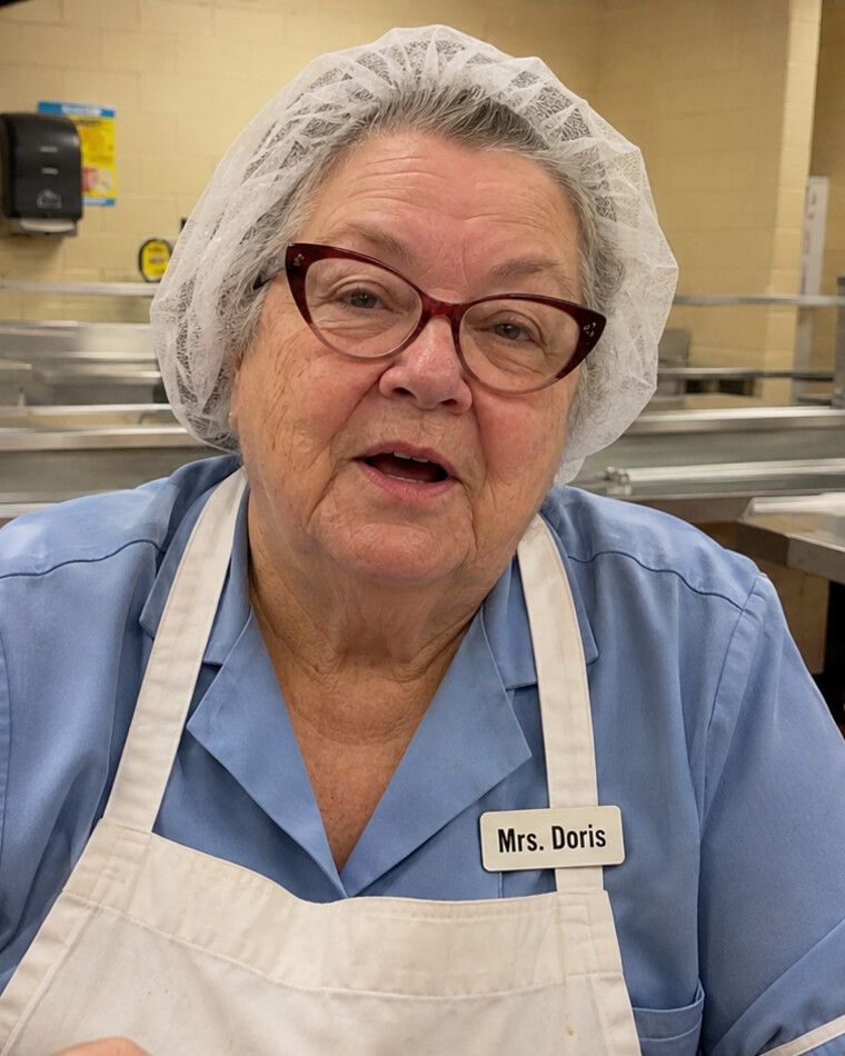 Mrs. Doris, wearing a blue uniform and white apron, in a large working kitchen